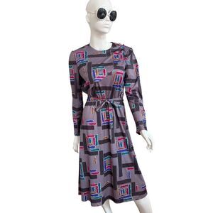 Vintage 1980s Geometric Rainbow Ruffle Neck Cinch Waist Belted Midi Dress